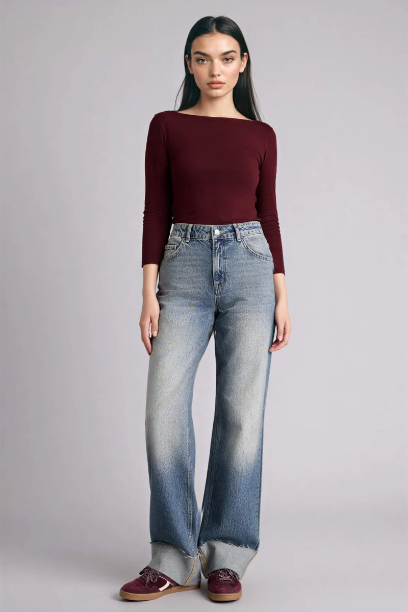 ديفاكتو Slim Fit Boat Collar Long Sleeve T-Shirt