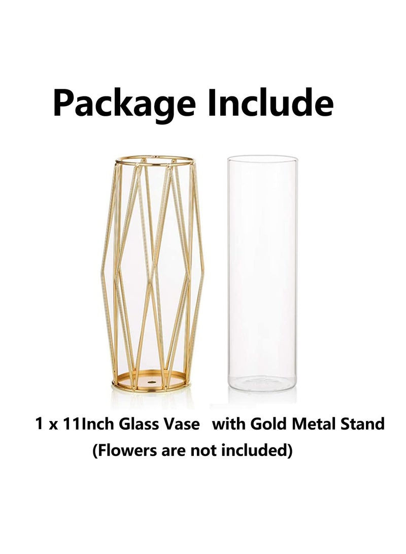Elegant Gold Geometric Flower Vase with Metal Stand, 11" Tall Glass Centerpiece for Weddings, Home Decor, and Special Occasions - Image 4