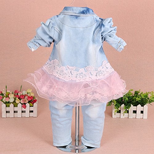 Yao Baby Girls Denim Clothing Sets 3 Pieces Sets T Shirt Denim Jacket and Jeans(Pink,1-2Y) - Image 2