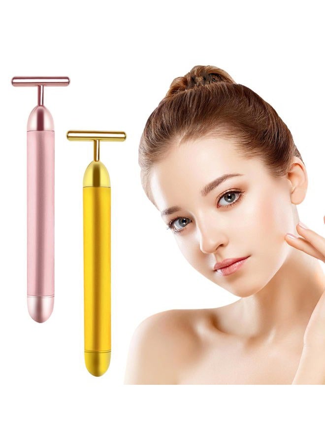 Aubric 2 Pack T Shape Face Massager Beauty Bar Golden & Pink Facial Massager, Portable Electric Vibration Face Neck Body Massager for Firming Lifting Anti Aging Skin Tightening Wrinkle Reducing - Image 1