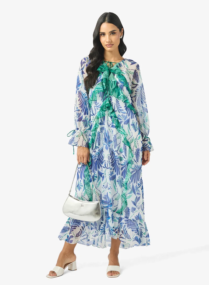 Contrast Frill Detailed Puff Sleeve Maxi Dress