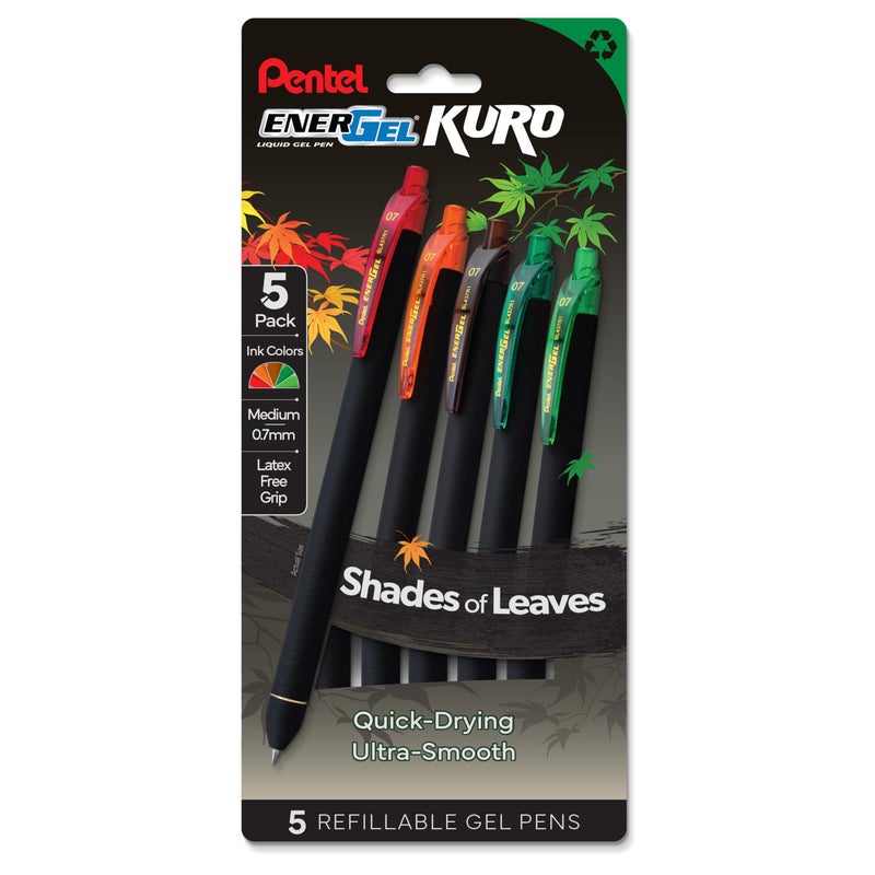 Pentel EnerGel Kuro Shades of Leaves, Retractable Liquid Gel Pen, Assorted Ink Colors, Pack of 5 (BL437LVSPF5) - Image 1