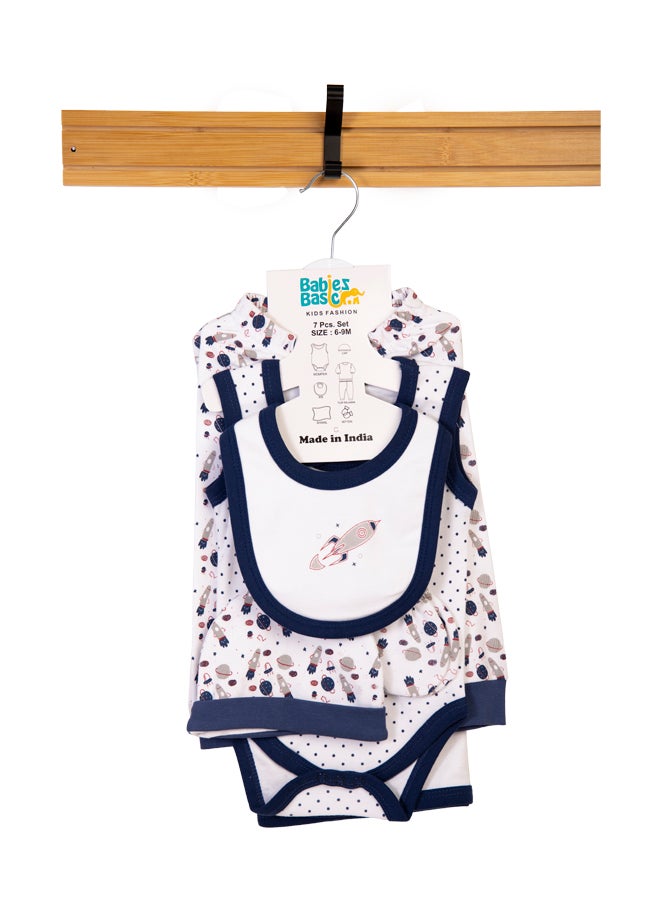 Babies Basic 7 Piece Unisex 100% Cotton Gift Set Include Bib, Blanket, Mitten, Cap, Romper, Top And Bottom Set, Blue  - Image 1