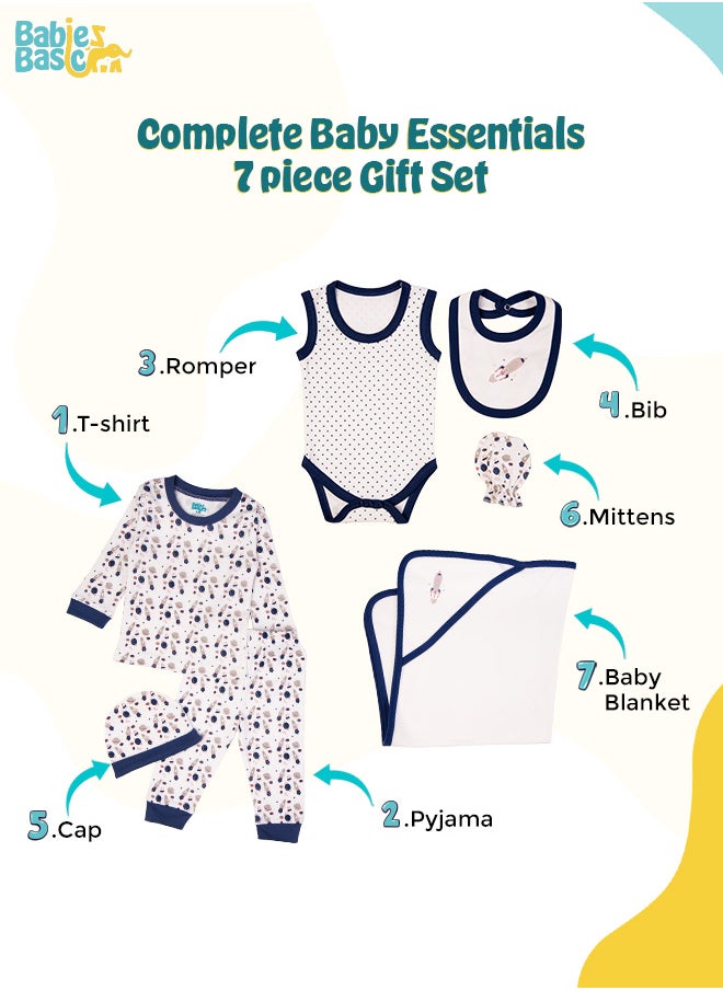 Babies Basic 7 Piece Unisex 100% Cotton Gift Set Include Bib, Blanket, Mitten, Cap, Romper, Top And Bottom Set, Blue  - Image 3