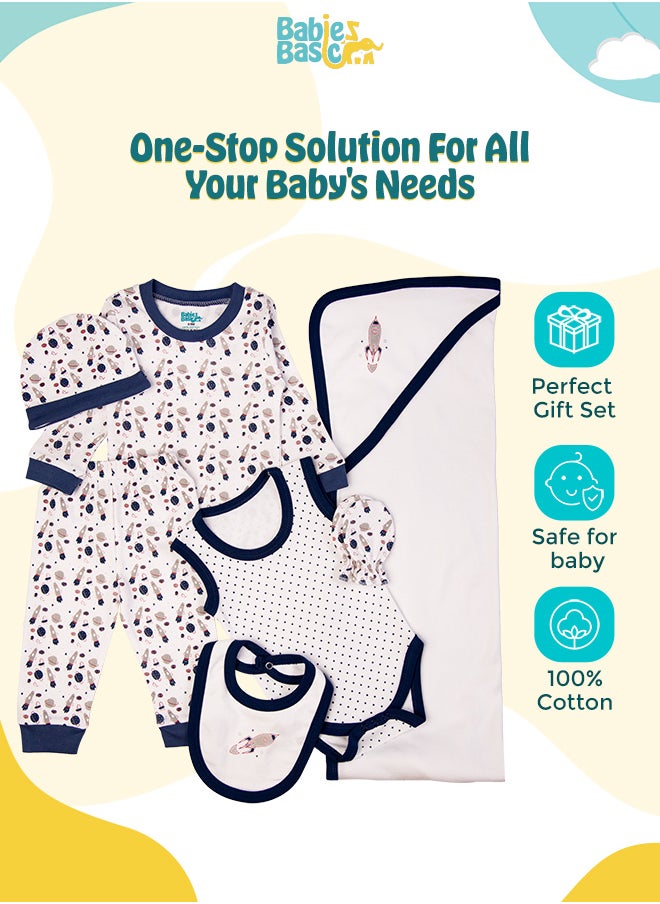 Babies Basic 7 Piece Unisex 100% Cotton Gift Set Include Bib, Blanket, Mitten, Cap, Romper, Top And Bottom Set, Blue  - Image 2