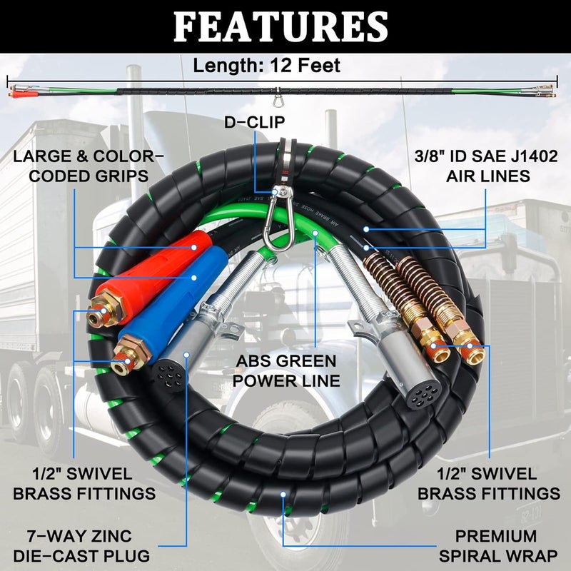 YiaChuii 12ft 3 in 1 ABS Air Power Line Semi Truck Airpower Lines Hose Wrap 7 Way Electrical Cable for Tractor Trailer - Image 2
