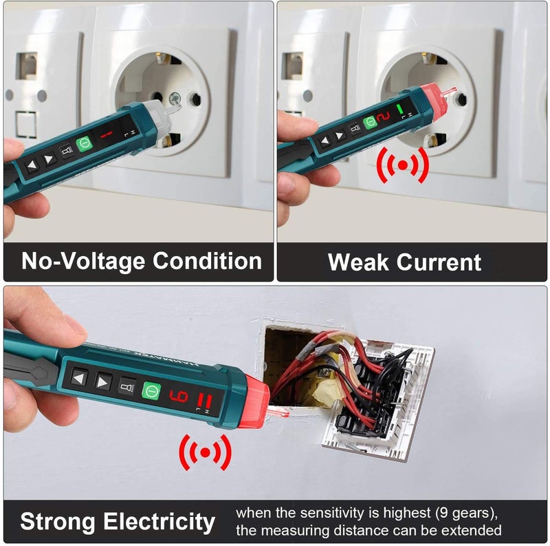 HANMATEK Non-Contact Voltage Tester - 12-1000V AC Voltage Detector with 9 Sensitivity Levels, Sound & Light Alarm, LED Flashlight, Electrical Tester for Live/Neutral Line Detection AC1 - Image 4