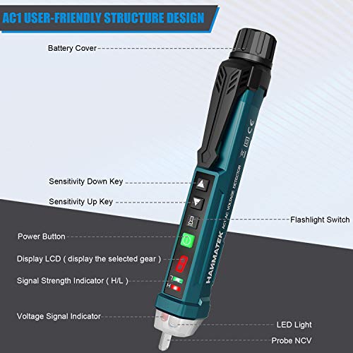HANMATEK Non-Contact Voltage Tester - 12-1000V AC Voltage Detector with 9 Sensitivity Levels, Sound & Light Alarm, LED Flashlight, Electrical Tester for Live/Neutral Line Detection AC1 - Image 2