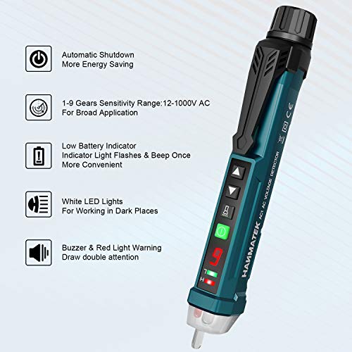 HANMATEK Non-Contact Voltage Tester - 12-1000V AC Voltage Detector with 9 Sensitivity Levels, Sound & Light Alarm, LED Flashlight, Electrical Tester for Live/Neutral Line Detection AC1 - Image 3
