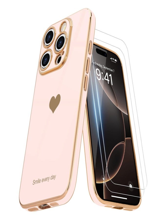 Teageo جراب Teageo لهاتف iPhone 16 Pro Max مع واقيين للشاشة بنمط قلب للنساء والفتيات، مطلي بطبقة لامعة فاخرة، مصنوع من مادة TPU الناعمة، مقاوم للخدوش والصدمات، جراب هاتف لهاتف iPhone 16 Pro Max، لون وردي فاتح - Image 1