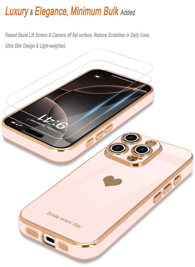 Teageo جراب Teageo لهاتف iPhone 16 Pro Max مع واقيين للشاشة بنمط قلب للنساء والفتيات، مطلي بطبقة لامعة فاخرة، مصنوع من مادة TPU الناعمة، مقاوم للخدوش والصدمات، جراب هاتف لهاتف iPhone 16 Pro Max، لون وردي فاتح - Image 3