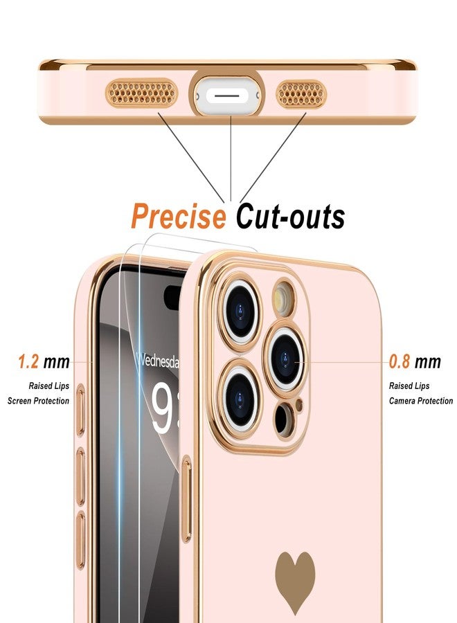 Teageo جراب Teageo لهاتف iPhone 16 Pro Max مع واقيين للشاشة بنمط قلب للنساء والفتيات، مطلي بطبقة لامعة فاخرة، مصنوع من مادة TPU الناعمة، مقاوم للخدوش والصدمات، جراب هاتف لهاتف iPhone 16 Pro Max، لون وردي فاتح - Image 2