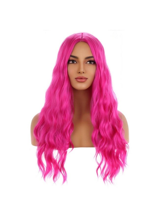 MAGQOO Hot Pink Wig Magenta Wig Long Curly Wavy Pink Wigs For Women Girls Middle Part Heat Resistant Hight Density Synthetic Wigs (Hot Pink)  - Image 1