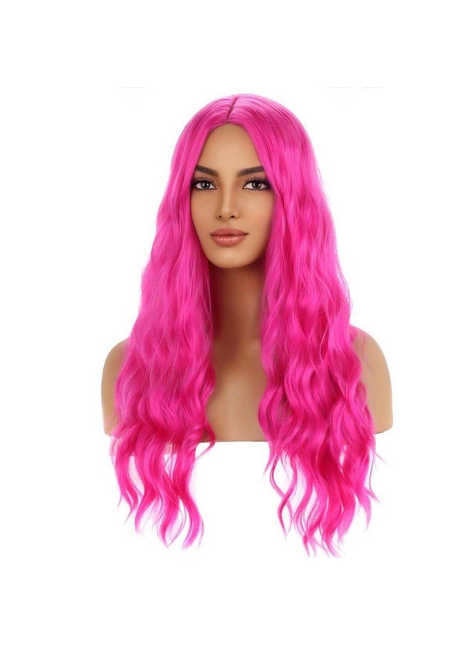 MAGQOO Hot Pink Wig Magenta Wig Long Curly Wavy Pink Wigs For Women Girls Middle Part Heat Resistant Hight Density Synthetic Wigs (Hot Pink)  - Image 4