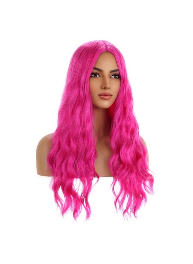 MAGQOO Hot Pink Wig Magenta Wig Long Curly Wavy Pink Wigs For Women Girls Middle Part Heat Resistant Hight Density Synthetic Wigs (Hot Pink)  - Image 3