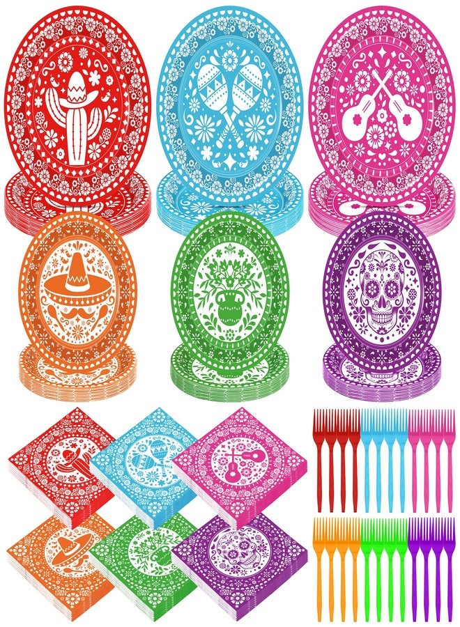 QZYL 96 Pcs Cinco De Mayo Decorations, Disposable Fiesta Plates and Napkins Sets, Colorful Mexican Decor Fiesta Paper Tableware Papel Picado for Taco Carnival Birthday Shower Party Supplies, Serves 24 - Image 1