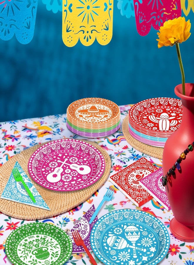 QZYL 96 Pcs Cinco De Mayo Decorations, Disposable Fiesta Plates and Napkins Sets, Colorful Mexican Decor Fiesta Paper Tableware Papel Picado for Taco Carnival Birthday Shower Party Supplies, Serves 24 - Image 4