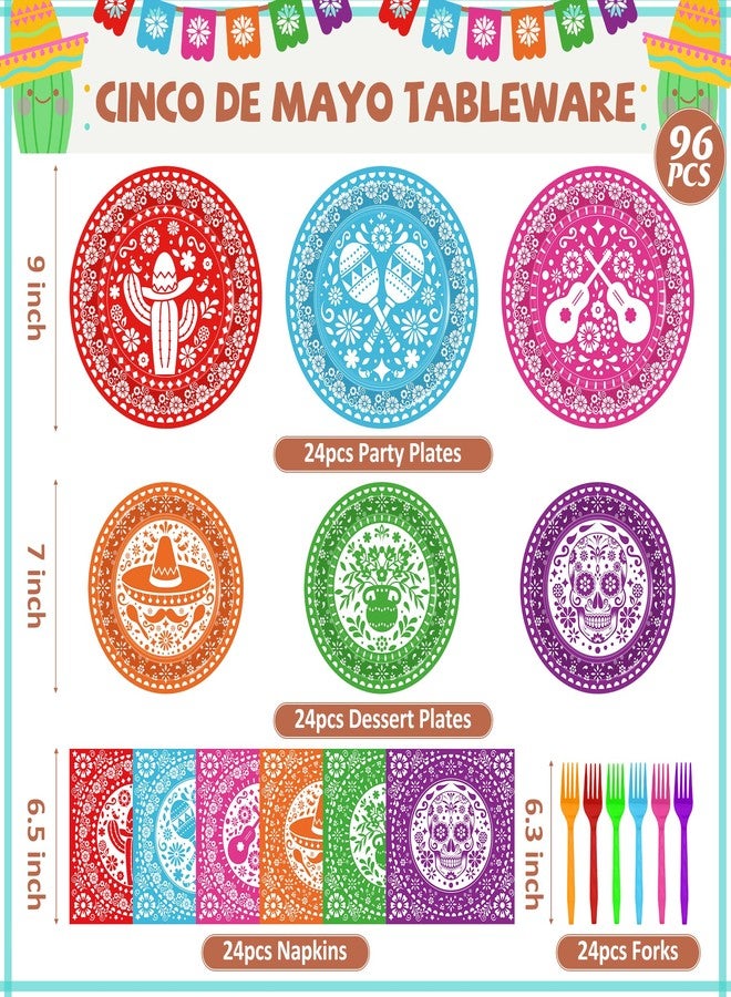 QZYL 96 Pcs Cinco De Mayo Decorations, Disposable Fiesta Plates and Napkins Sets, Colorful Mexican Decor Fiesta Paper Tableware Papel Picado for Taco Carnival Birthday Shower Party Supplies, Serves 24 - Image 2