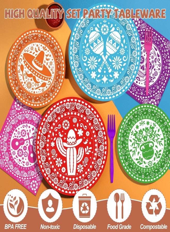 QZYL 96 Pcs Cinco De Mayo Decorations, Disposable Fiesta Plates and Napkins Sets, Colorful Mexican Decor Fiesta Paper Tableware Papel Picado for Taco Carnival Birthday Shower Party Supplies, Serves 24 - Image 3