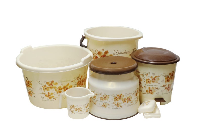 Puffin Square 6 Pcs Bathroom Set in Bucket+Tub+Mug 1L+Stool+Dustbin+Soap Case - Image 1