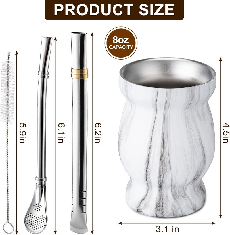 Husfunov 8oz Yerba Mate Cup, 304 Stainless Steel Double-Wall Mate Cup, Heat Insulation Yerba Mate Gourd, Tea Cup Set Includes Cleaning Brush & 2 Bombillas (Marble) - Image 2