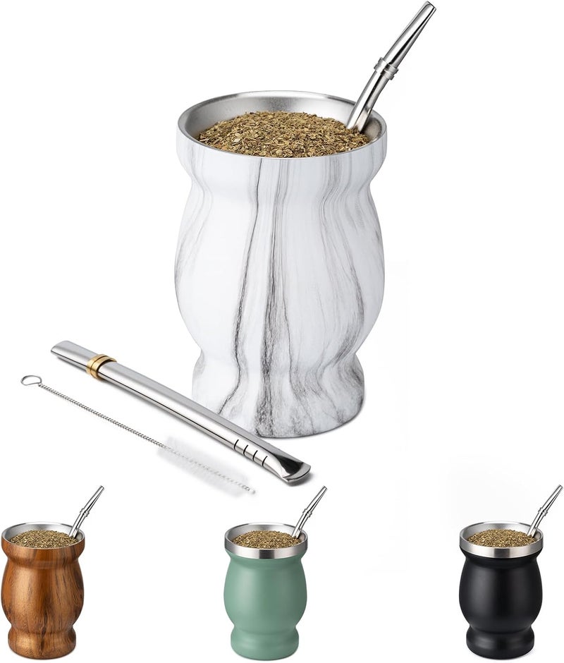 Husfunov 8oz Yerba Mate Cup, 304 Stainless Steel Double-Wall Mate Cup, Heat Insulation Yerba Mate Gourd, Tea Cup Set Includes Cleaning Brush & 2 Bombillas (Marble) - Image 1