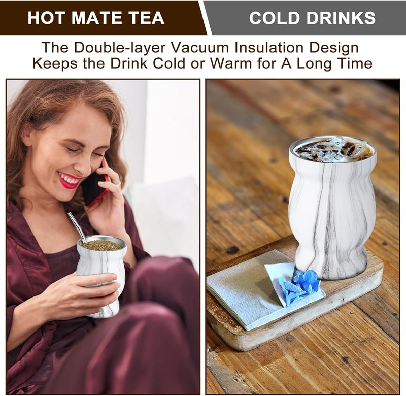 Husfunov 8oz Yerba Mate Cup, 304 Stainless Steel Double-Wall Mate Cup, Heat Insulation Yerba Mate Gourd, Tea Cup Set Includes Cleaning Brush & 2 Bombillas (Marble) - Image 4