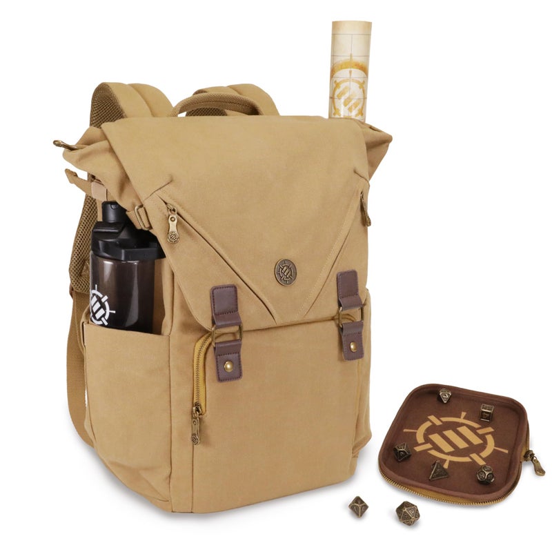 ENHANCE Venture Canvas DnD Backpack - RPG DM Bag for Dungeons and Dragons with Removable Dice Tray - Travel DnD Bag fits 4-6 Books Upright, 17" Laptop/DM Screen Slot, Luggage Slot, Chest and Map Strap - Image 1