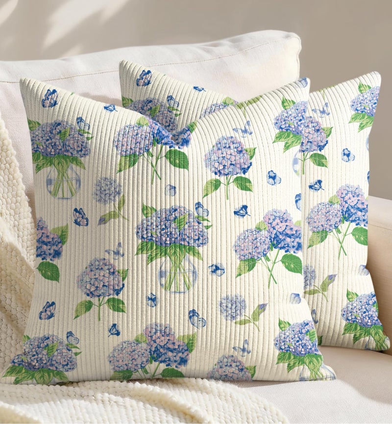 Kokaaee Corduroy Throw Pillow Covers 18x18 Set of 2 Decorative Spring Floral Pillow Covers with Zipper Farmhouse Decor Cottage Throw Pillowcases for Couch Sofa Living Room Home Bedroom Hydrangea - Image 2