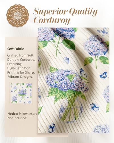Kokaaee Corduroy Throw Pillow Covers 18x18 Set of 2 Decorative Spring Floral Pillow Covers with Zipper Farmhouse Decor Cottage Throw Pillowcases for Couch Sofa Living Room Home Bedroom Hydrangea - Image 3