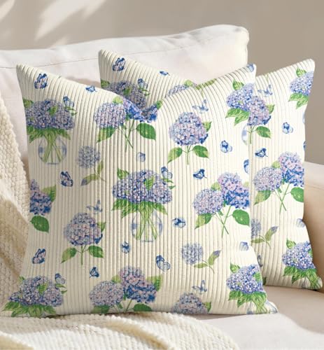 Kokaaee Corduroy Throw Pillow Covers 18x18 Set of 2 Decorative Spring Floral Pillow Covers with Zipper Farmhouse Decor Cottage Throw Pillowcases for Couch Sofa Living Room Home Bedroom Hydrangea - Image 1