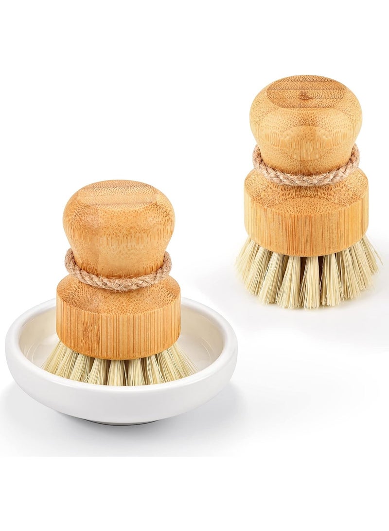 Bamboo Dish Scrub Brushes, Kitchen Wooden Cleaning Scrubbers Set for Washing Cast Iron Pan/Pot, Natural Sisal Bristles, Set of 2 - Image 1