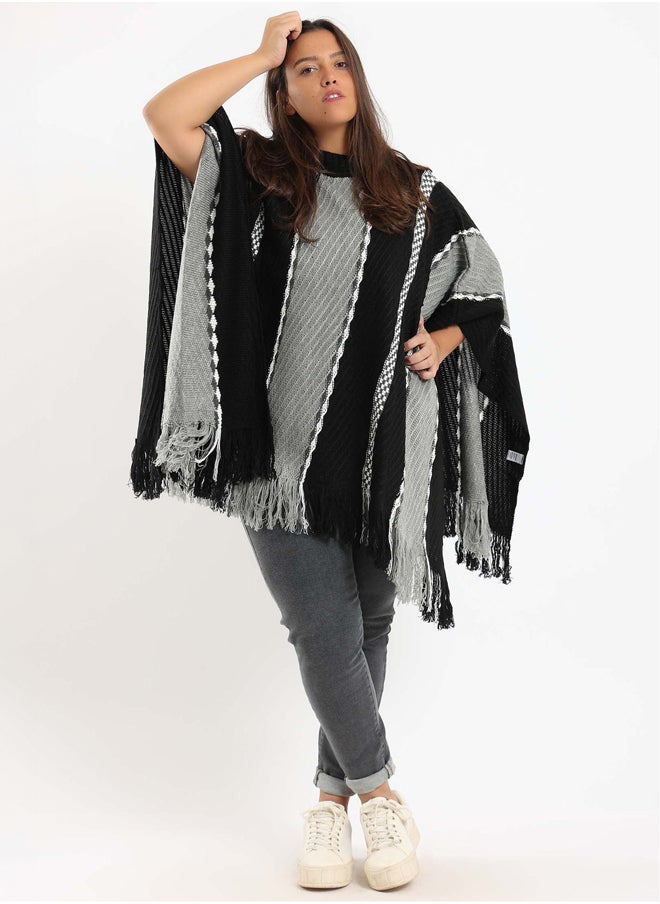 Clue - Wide Vertical Knitted Poncho - Image 1