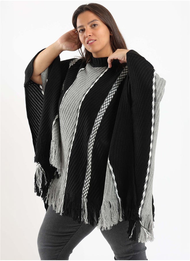 Clue - Wide Vertical Knitted Poncho - Image 1
