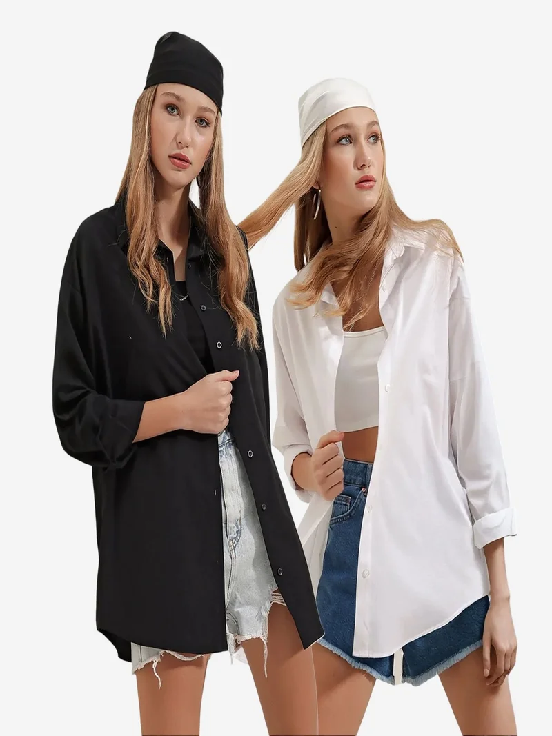 BDART Oversized Patterned Poplin Shirt With Button Closure