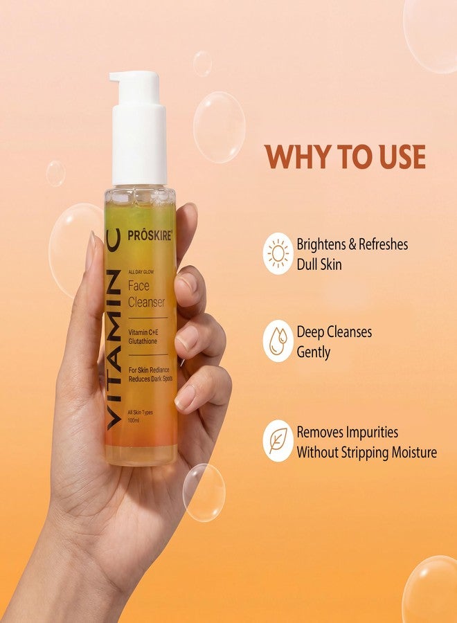 Proskire Vitamin C Glow Cleanser with Glutathione & Vitamin E | Gentle Brightening Cleanser for Dull, Uneven & Tanned Skin | Fades Dark Spots, Hydrates & Evens Skin Tone | 100ml - Image 3