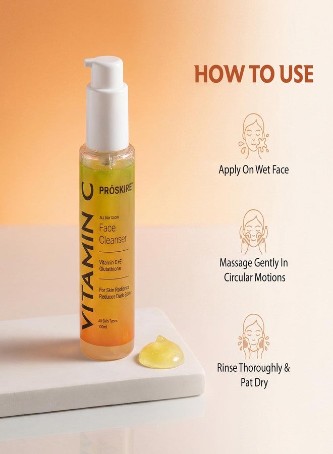 Proskire Vitamin C Glow Cleanser with Glutathione & Vitamin E | Gentle Brightening Cleanser for Dull, Uneven & Tanned Skin | Fades Dark Spots, Hydrates & Evens Skin Tone | 100ml - Image 4