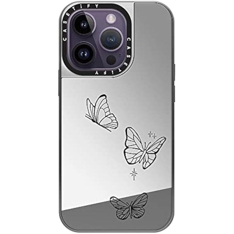 Casetify Mirror Case for iPhone 14 Pro Compatible with Magsafe - Flying by Inked by Dani - Silver on Silver - Image 1