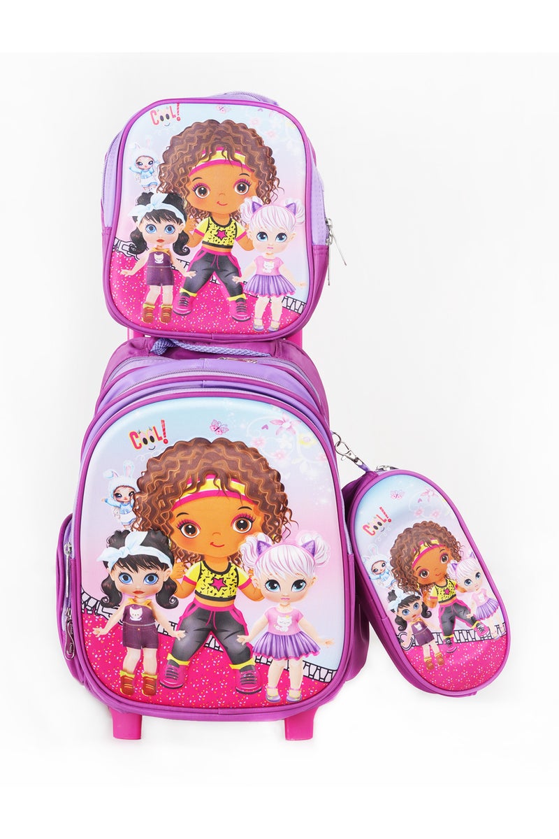 KTMC 3D Cartoon Dancing Girl Triple Set Pen Bag, Lunch Bag, School Trolley Bag for Baby Girls- Dark Purple & Light Purple 9908