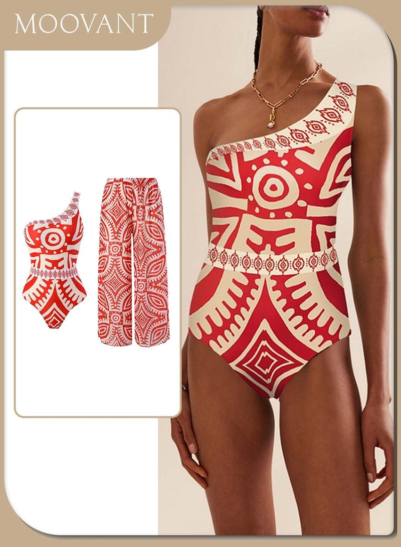 Moovant 2 Packs Women's One-piece Swimsuit, with Long Loose Pants, Conservative Swimwear, Ladies One-shoulder Strap with Red Special Printed Beachwear, Swimwear, Beach Holiday Wear - Image 1