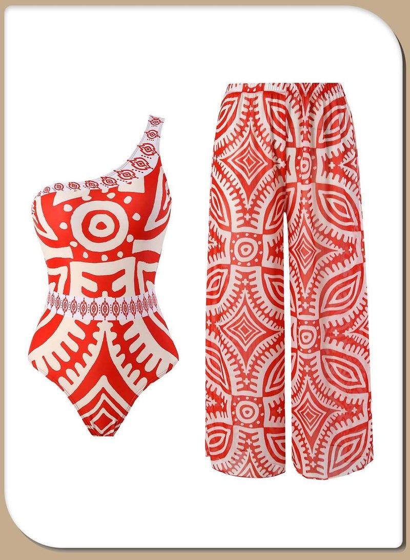 Moovant 2 Packs Women's One-piece Swimsuit, with Long Loose Pants, Conservative Swimwear, Ladies One-shoulder Strap with Red Special Printed Beachwear, Swimwear, Beach Holiday Wear - Image 4