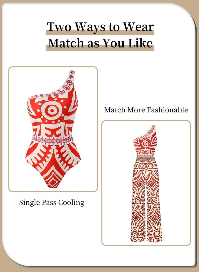 Moovant 2 Packs Women's One-piece Swimsuit, with Long Loose Pants, Conservative Swimwear, Ladies One-shoulder Strap with Red Special Printed Beachwear, Swimwear, Beach Holiday Wear - Image 5