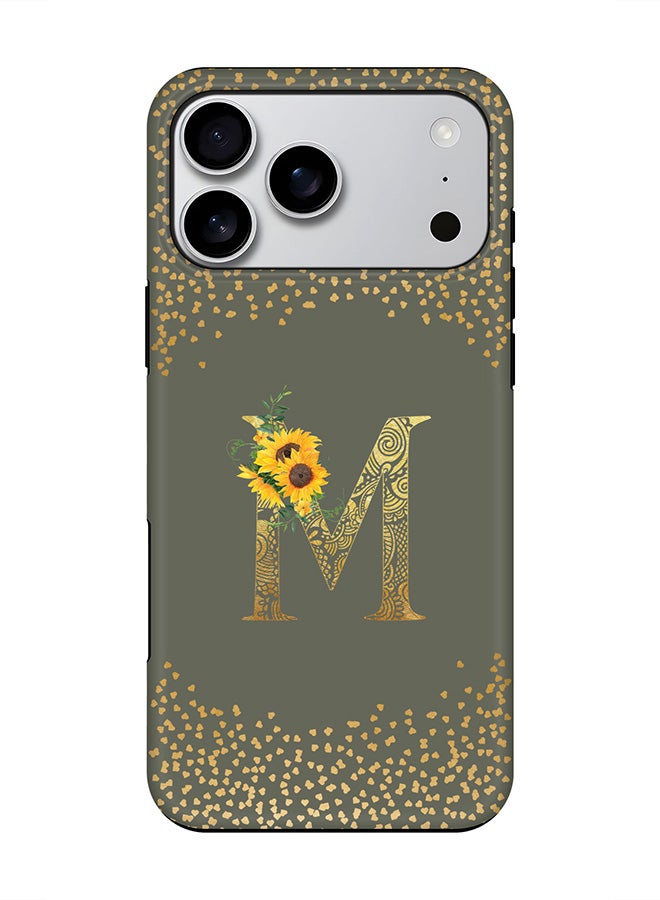 غطاء مغناطيسي قوي لجهاز iPhone 17 Pro Max، طبقتين هجين PC + TPU، غطاء موبايل غير لامع - مونوغرام زهور مخصص - أخضر زيتوني