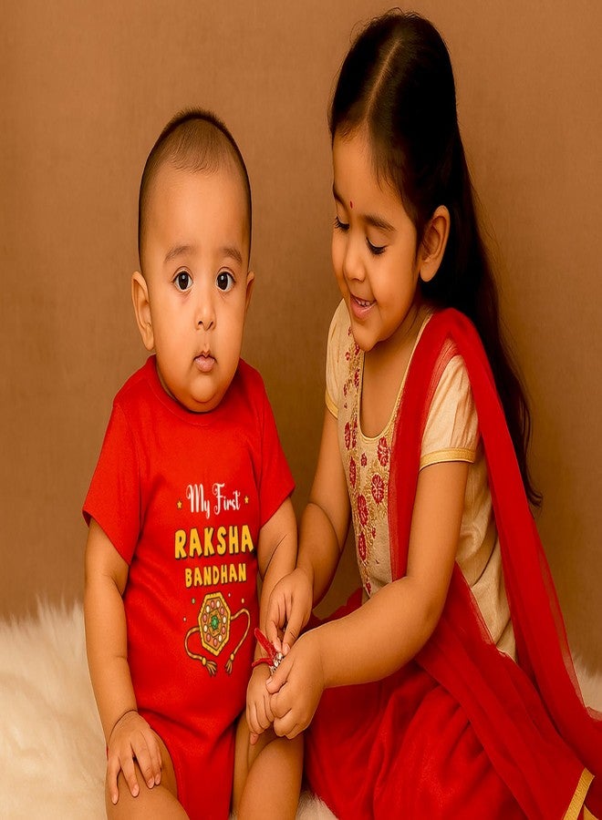 Baby Buzz My First Rakhi Baby Dress For Boy Girl New Born Clothes Bodysuit | Rakshabandhan Outfit (First Rakshabandhan, Red, 0-3 Months) - Image 2