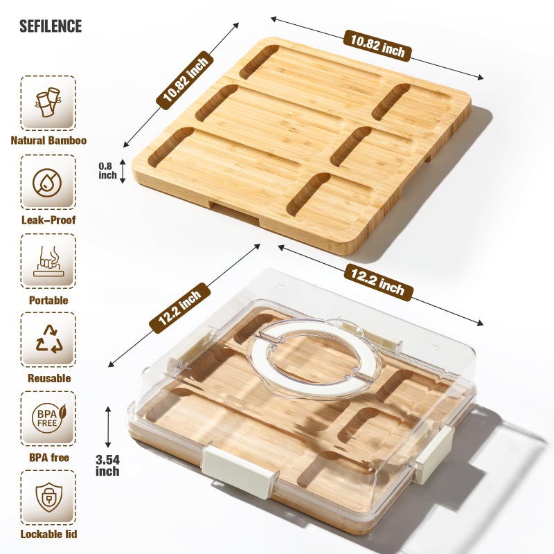 SEFILENCE Charcuterie Board with Clear Locking Lid and Handle, 6 Compartment Bamboo Cheese Board Snackle Box, Portable Cutting Board for Snacks, Fruits&Meats, Ideal Gift for Parties, Birthday& House Warming - Image 2