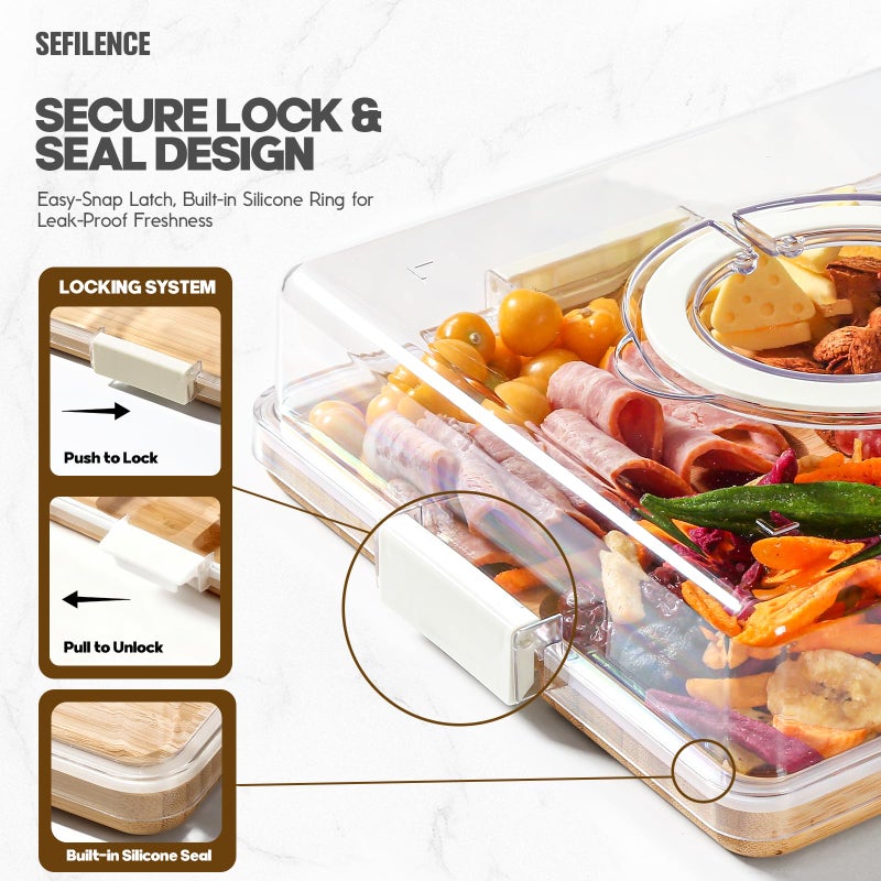 SEFILENCE Charcuterie Board with Clear Locking Lid and Handle, 6 Compartment Bamboo Cheese Board Snackle Box, Portable Cutting Board for Snacks, Fruits&Meats, Ideal Gift for Parties, Birthday& House Warming - Image 3