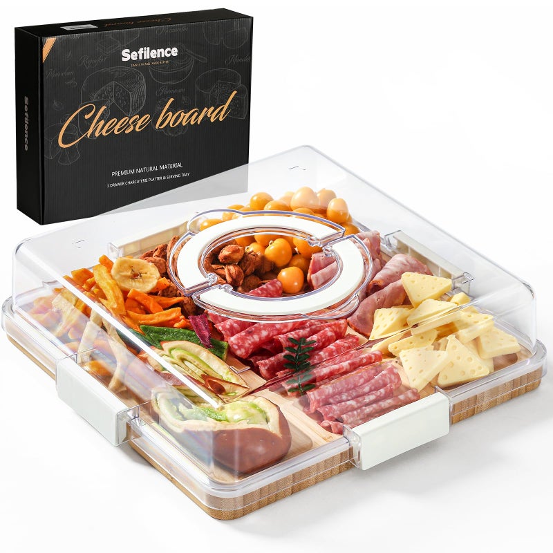 SEFILENCE Charcuterie Board with Clear Locking Lid and Handle, 6 Compartment Bamboo Cheese Board Snackle Box, Portable Cutting Board for Snacks, Fruits&Meats, Ideal Gift for Parties, Birthday& House Warming - Image 1