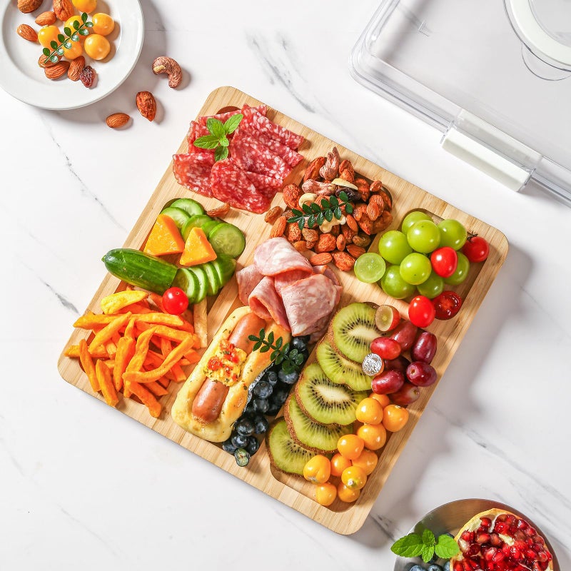 SEFILENCE Charcuterie Board with Clear Locking Lid and Handle, 6 Compartment Bamboo Cheese Board Snackle Box, Portable Cutting Board for Snacks, Fruits&Meats, Ideal Gift for Parties, Birthday& House Warming - Image 5