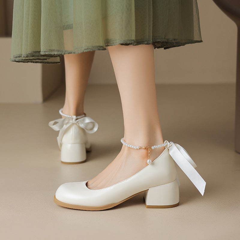 Spring 2024 Fashion High Heel Bow 33-43 Size Pearl Shallow Mouth Single Shoes - Image 2