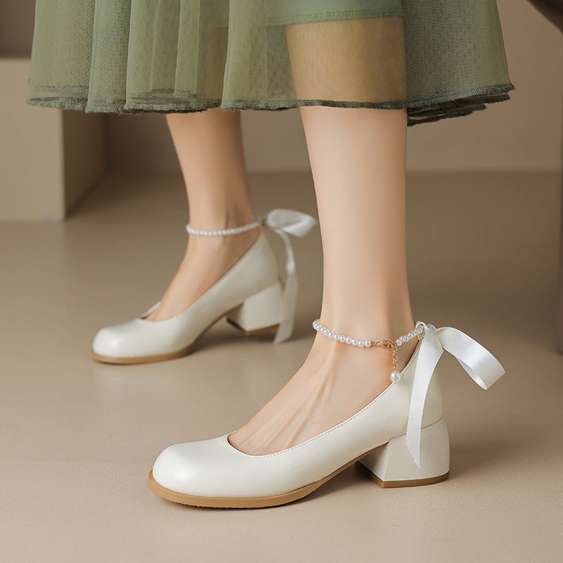 Spring 2024 Fashion High Heel Bow 33-43 Size Pearl Shallow Mouth Single Shoes - Image 3